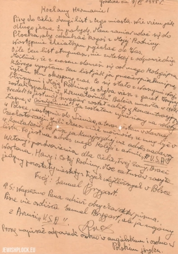 A letter from Samek Brygart to Herman Keller, 1945
